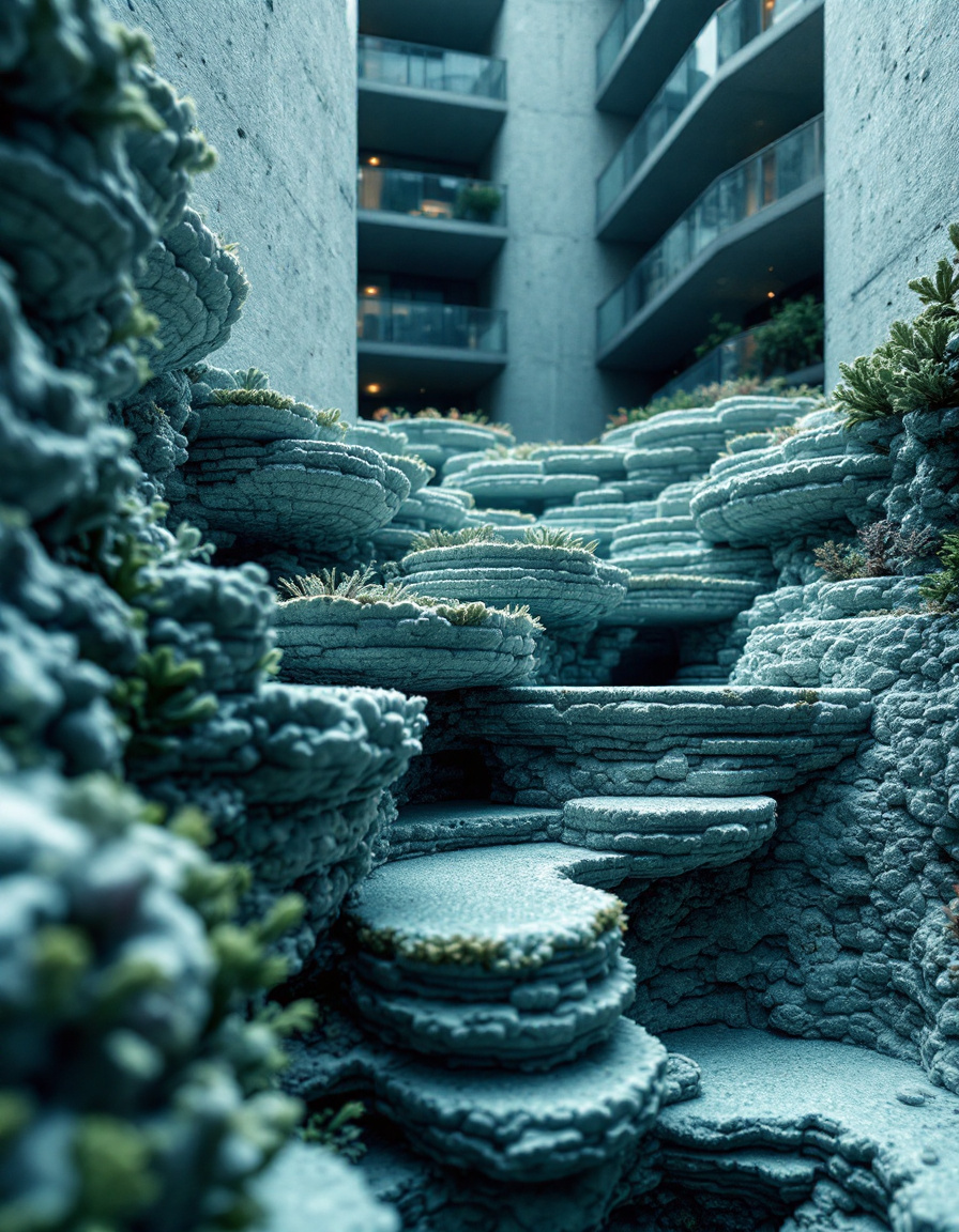 Epoch of Edifice: brutalist courtyard terraced with coral-shelf landscaping